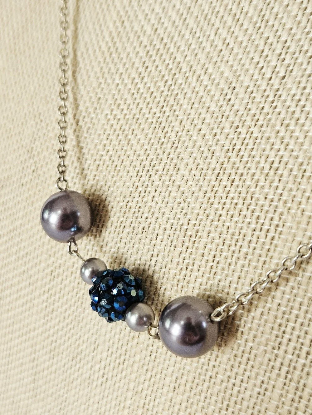 Vintage RMN Roman Blue Faux Pearl Beaded Silver Tone Opera Length Chain Necklace